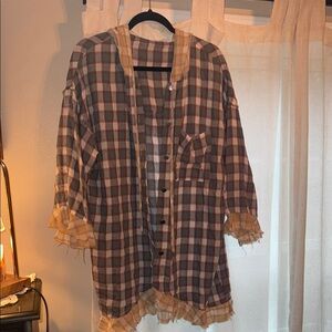 POL Plaid Button-Up Hooded Top